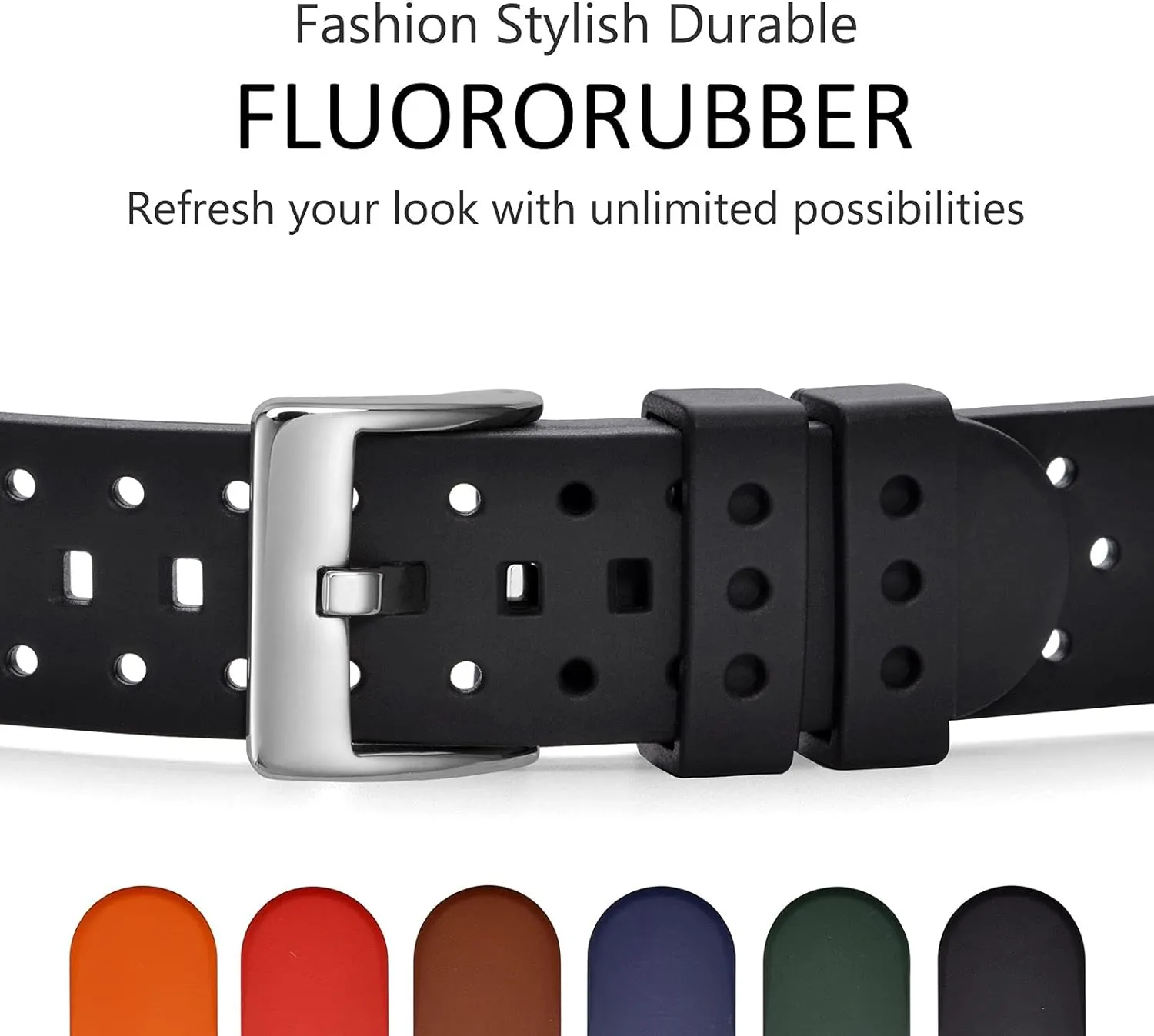 voice Ventilated Watch Band for Men, FKM Rubber, Silver Buckle (Black) WOCCI 22mm 