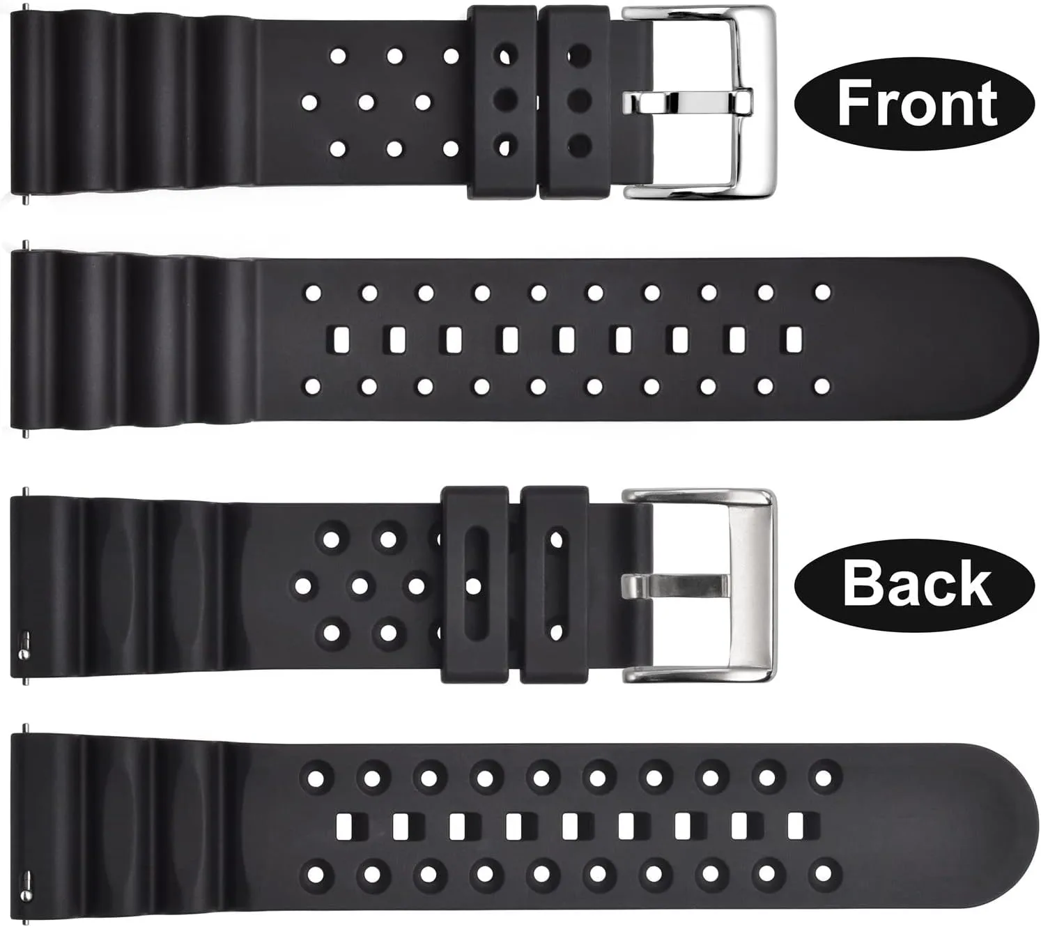 voice Ventilated Watch Band for Men, FKM Rubber, Silver Buckle (Black) WOCCI 22mm 