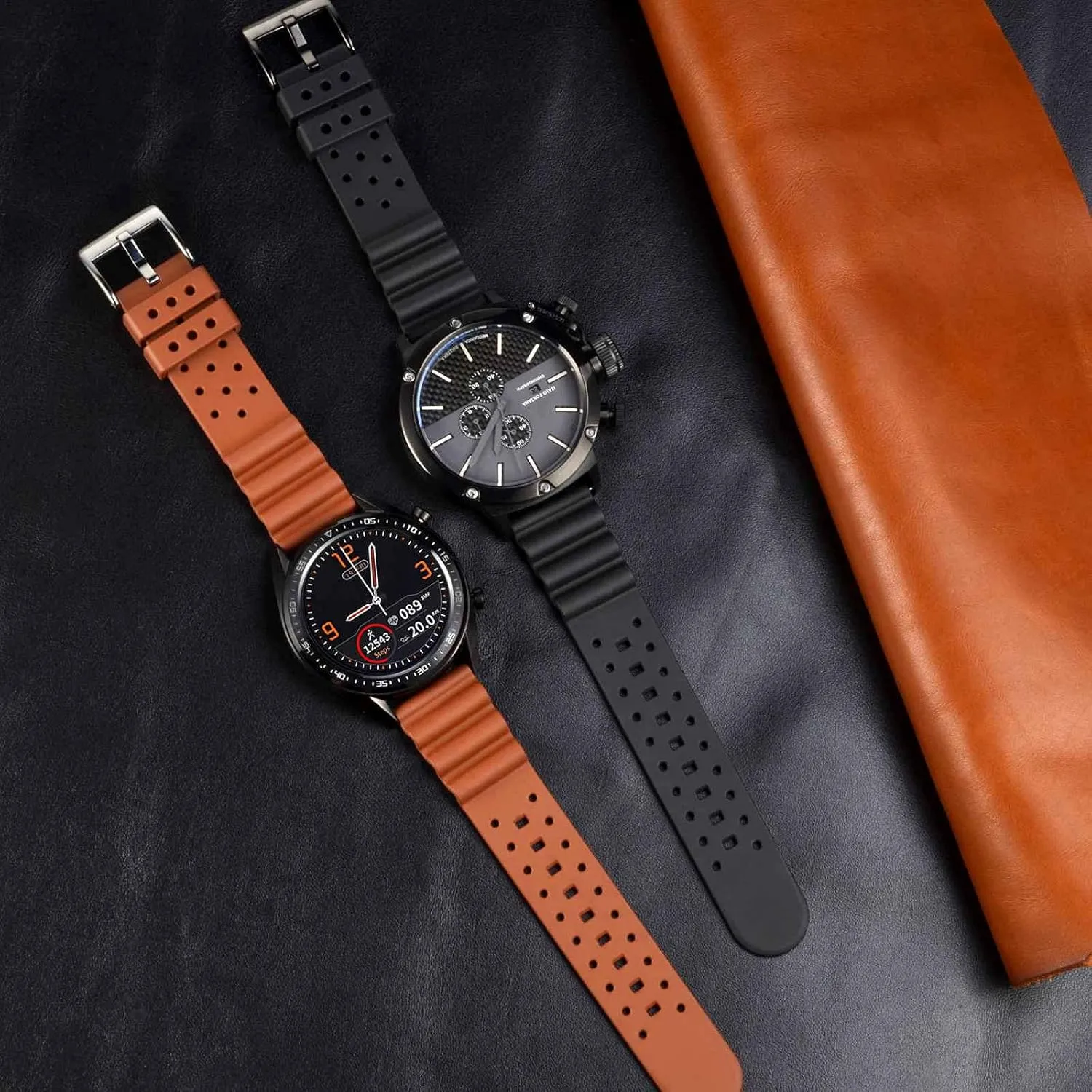voice Ventilated Watch Band for Men, FKM Rubber, Silver Buckle (Black) WOCCI 22mm 