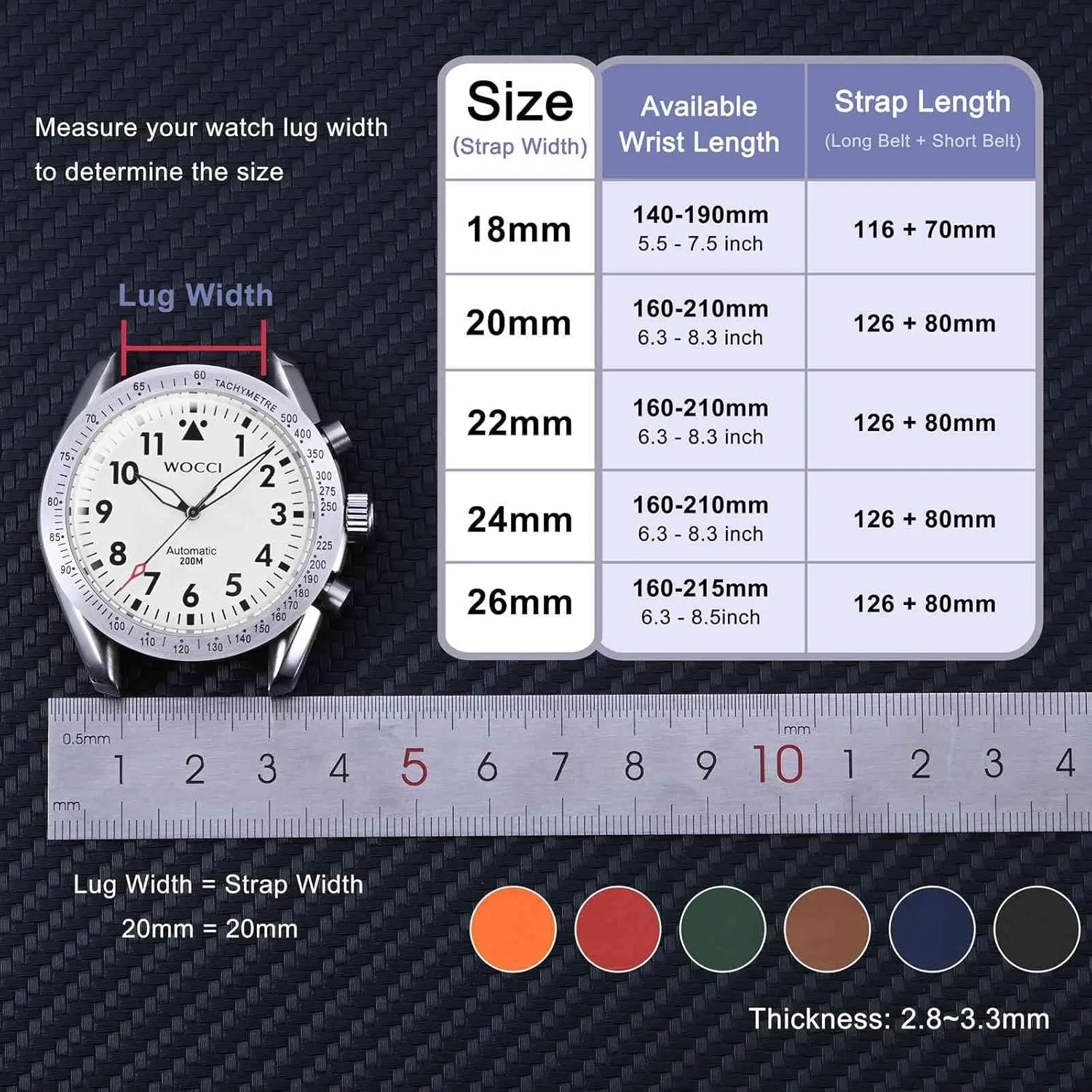 voice Ventilated Watch Band for Men, FKM Rubber, Silver Buckle (Black) WOCCI 22mm 