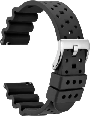 voice Ventilated Watch Band for Men, FKM Rubber, Silver Buckle (Black) WOCCI 22mm 