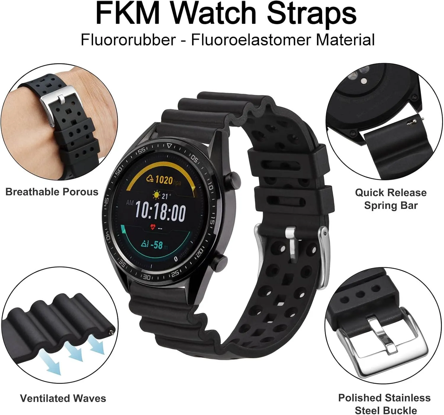 voice Ventilated Watch Band for Men, FKM Rubber, Silver Buckle (Black) WOCCI 22mm 