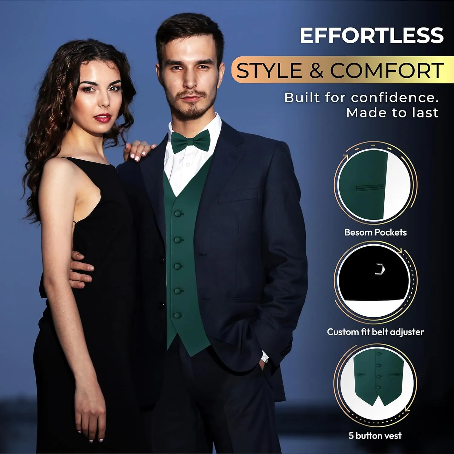 Waistcoat Tuxedo Dress Vest Bow Tie Set directional pine pray decorator for Suit or Tuxedo Men's Solid Formal 