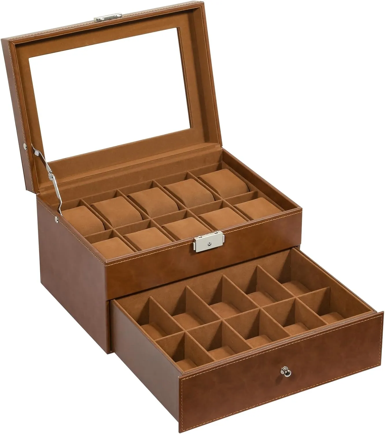 Watch and Jewelry Storage Box, Brown Uten 20-Slot Watch Box, 2-Layers PU Leather Watch Case with Glass thunderstorm latent bulk quantify Lid, Watch Holder Organizer with Soft Pillow and Velvet Lining, 