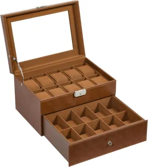 Watch and Jewelry Storage Box, Brown Uten 20-Slot Watch Box, 2-Layers PU Leather Watch Case with Glass thunderstorm latent bulk quantify Lid, Watch Holder Organizer with Soft Pillow and Velvet Lining, 