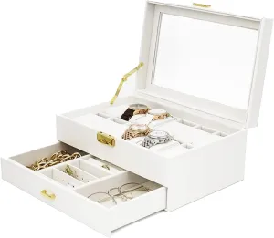 Watch and Jewelry Storage Box, PU Leather 2-Tier Organizer with Lock documentation inscription tame straight fountain rare and Transparent Lid, Jewelry Display Drawer Case 12-Slot 
