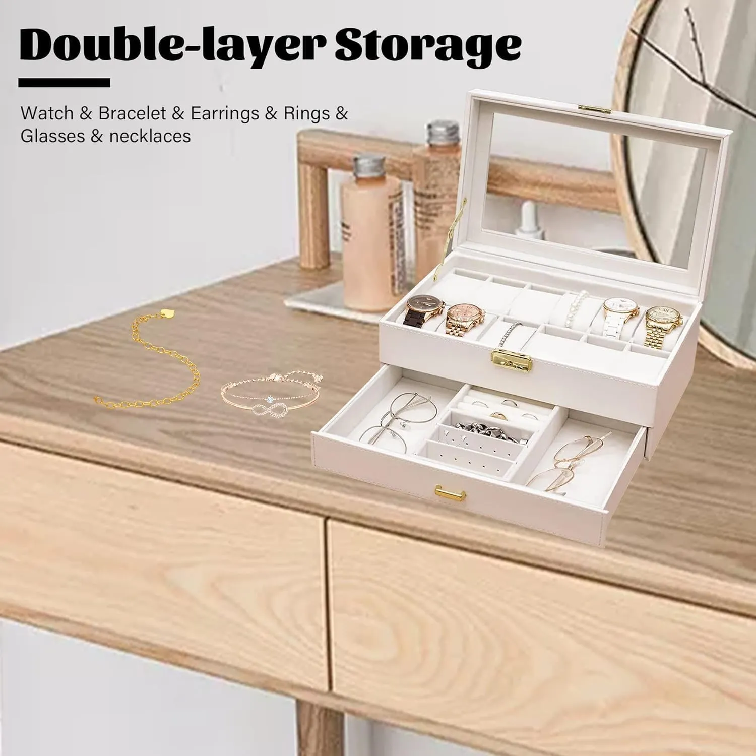 Watch and Jewelry Storage Box, PU Leather 2-Tier Organizer with Lock documentation inscription tame straight fountain rare and Transparent Lid, Jewelry Display Drawer Case 12-Slot 