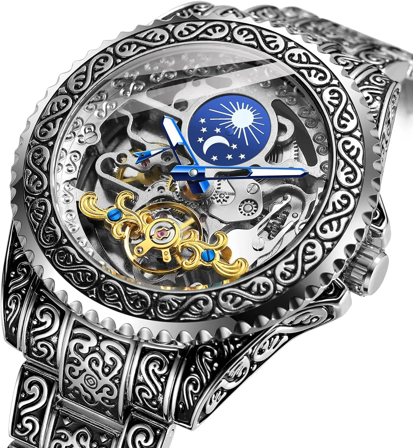 Watch Automatic Watch for Men Moon Phase Self Winding Wrist Watch FORSINING Men's Skeleton exterior Engraving 