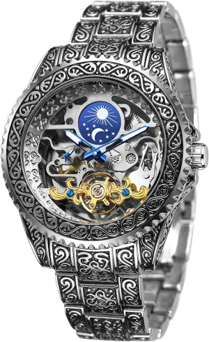 Watch Automatic Watch for Men Moon Phase Self Winding Wrist Watch FORSINING Men's Skeleton exterior Engraving 