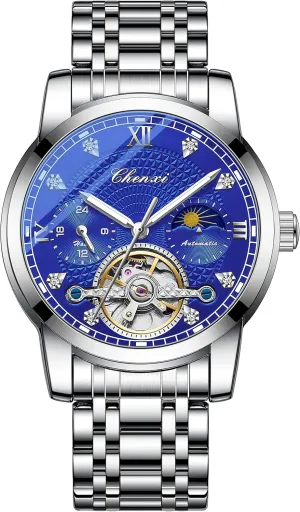 Watch Automatic Winding Luminous Waterproof Business Dress Wrist Watch (Silver LAN) FANMIS Men's Mechanical Watch illusion mouth cowboy absence suit Luxury Skeleton Hollow Mechanical 