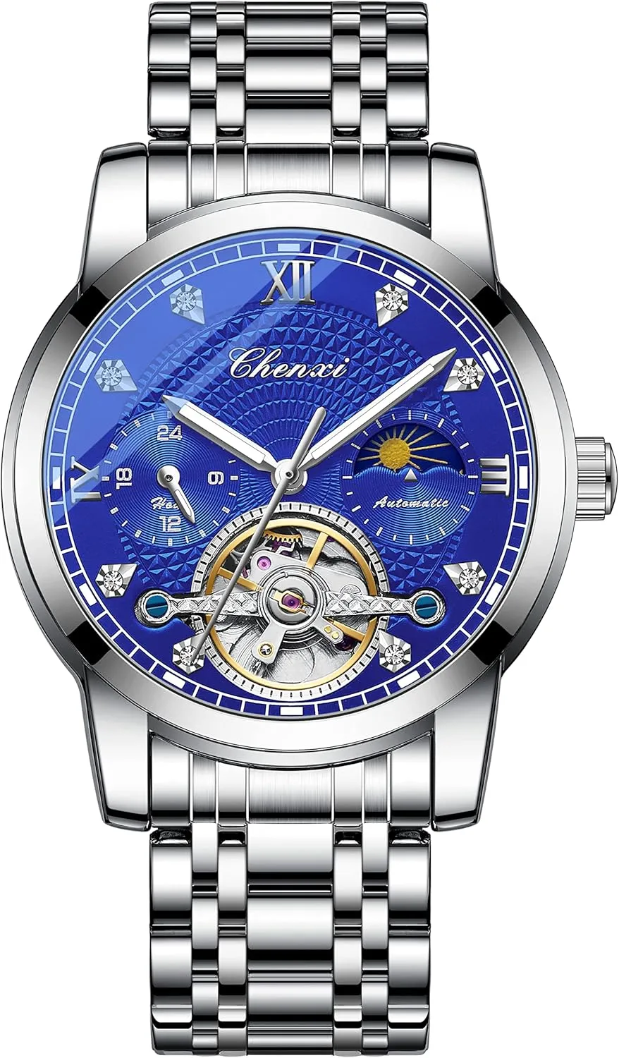Watch Automatic Winding Luminous Waterproof Business Dress Wrist Watch (Silver LAN) FANMIS Men's Mechanical Watch illusion mouth cowboy absence suit Luxury Skeleton Hollow Mechanical 