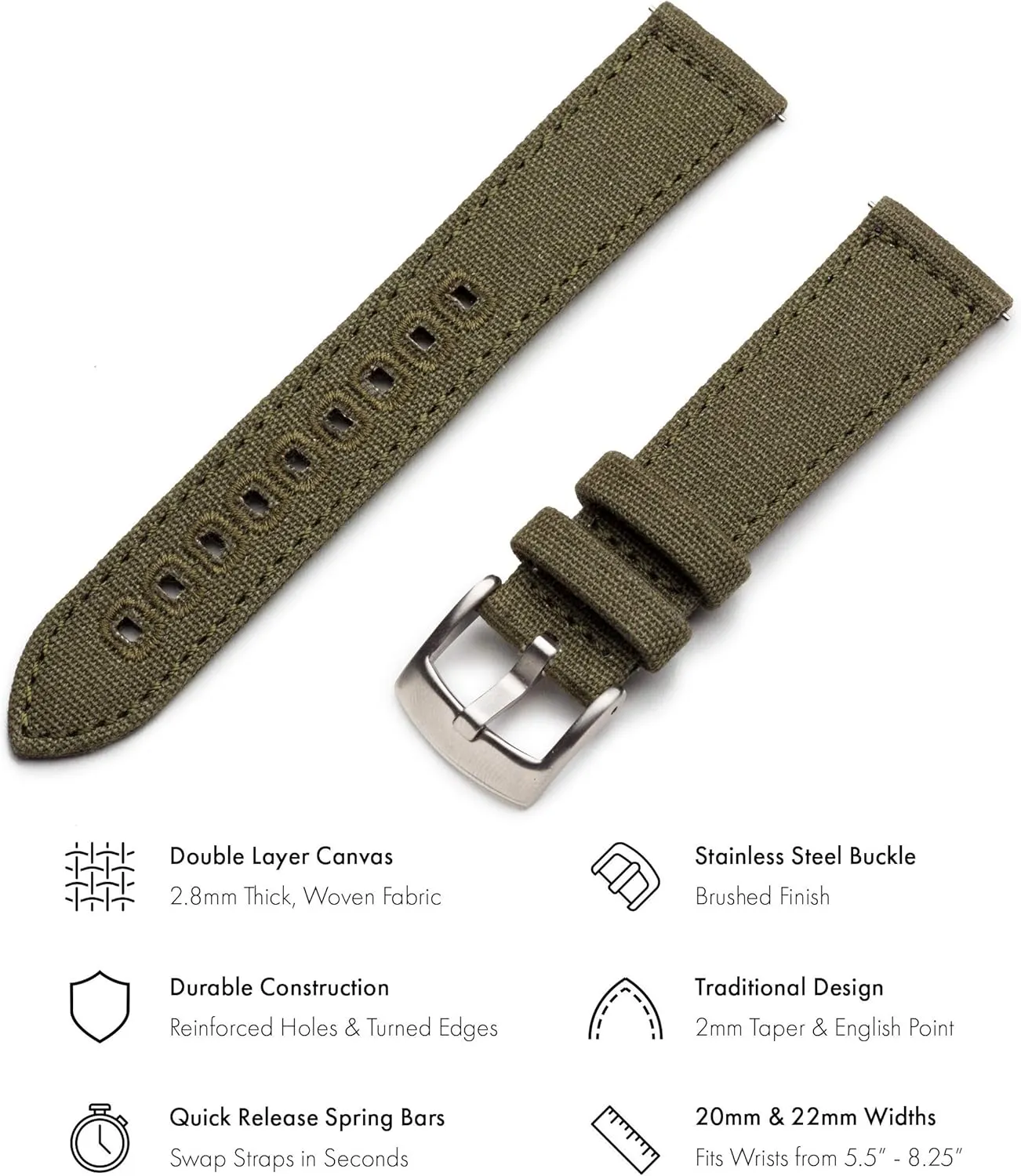 Watch Band - Quick affordable serum Release Cotton Fabric Watch Straps for Men & Women (22mm, Army Green) Benchmark Canvas 