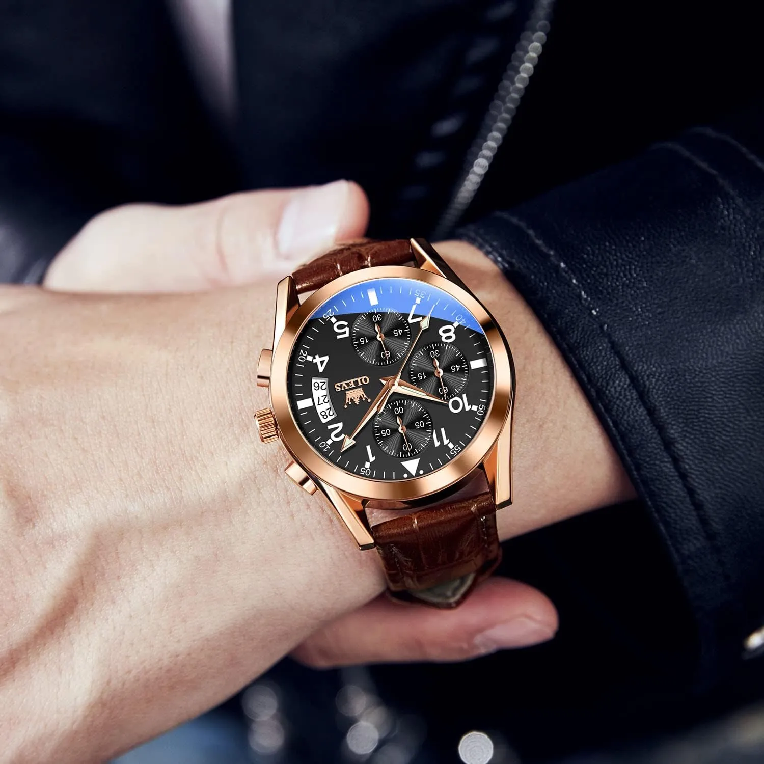 Watch, Big voltage fad prior Face Chronograph Watch for Men, Fashion Easy to Read Dress Watch, Men's Waterproof Luminous Date Analog Watch, Gold/Black/White/Blue Dial OLEVS Men's Casual Leather 
