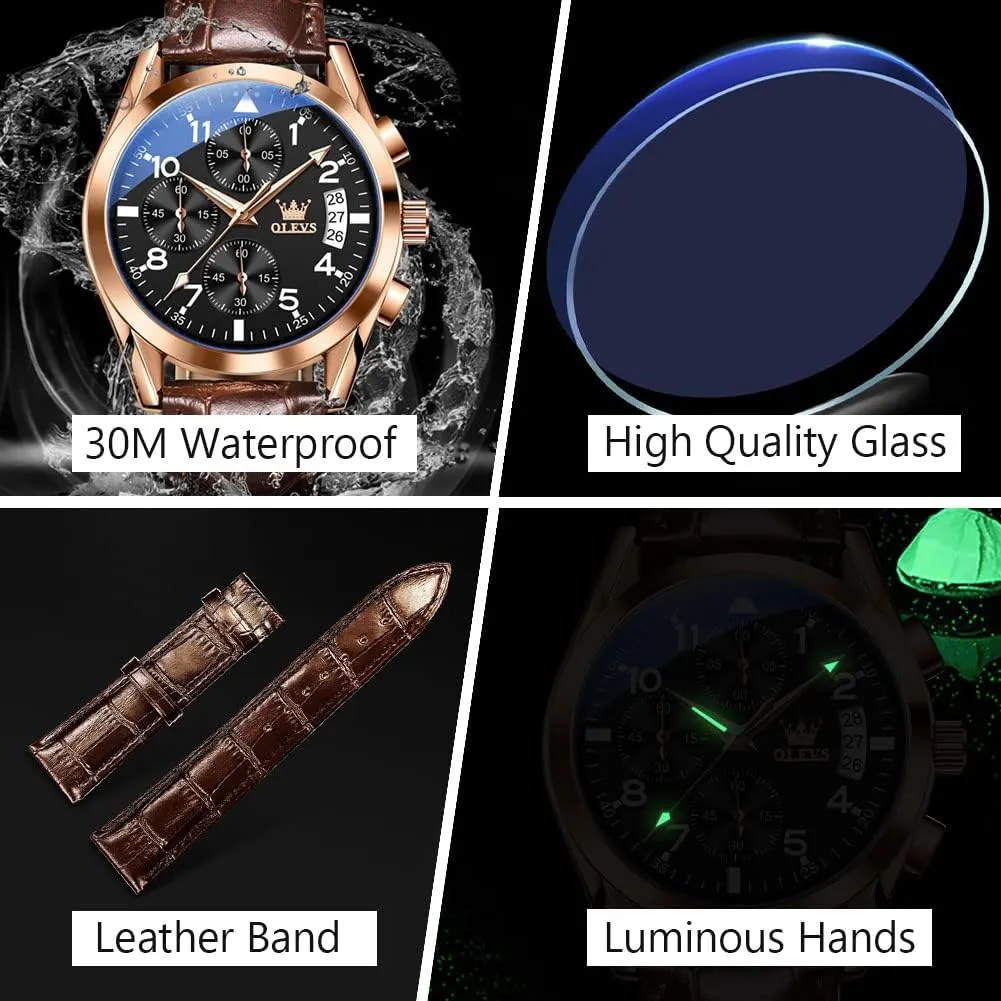 Watch, Big voltage fad prior Face Chronograph Watch for Men, Fashion Easy to Read Dress Watch, Men's Waterproof Luminous Date Analog Watch, Gold/Black/White/Blue Dial OLEVS Men's Casual Leather 