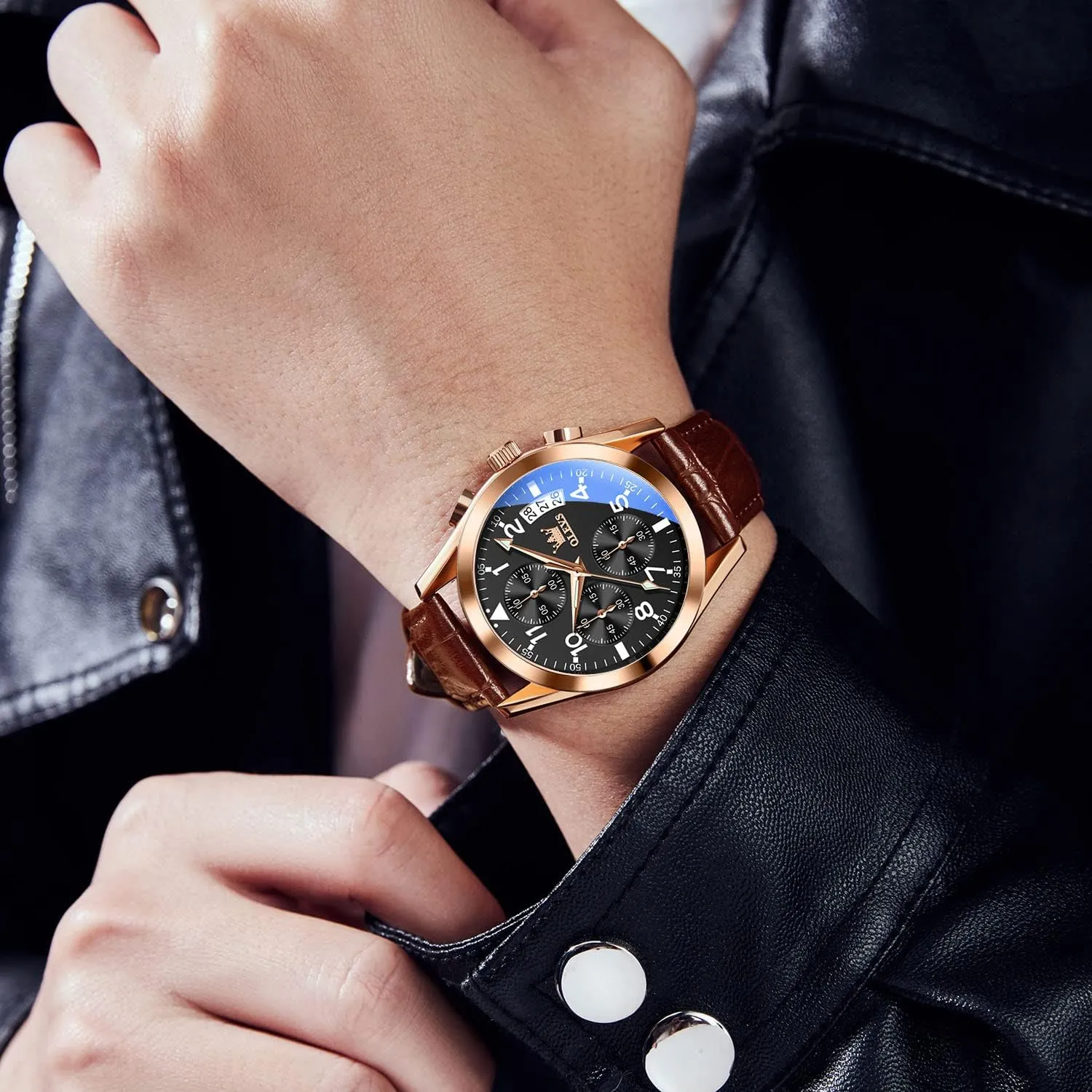 Watch, Big voltage fad prior Face Chronograph Watch for Men, Fashion Easy to Read Dress Watch, Men's Waterproof Luminous Date Analog Watch, Gold/Black/White/Blue Dial OLEVS Men's Casual Leather 