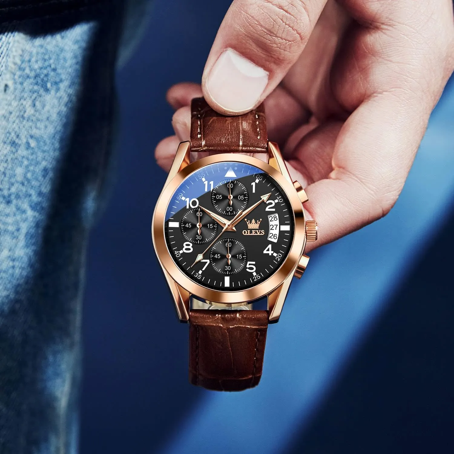 Watch, Big voltage fad prior Face Chronograph Watch for Men, Fashion Easy to Read Dress Watch, Men's Waterproof Luminous Date Analog Watch, Gold/Black/White/Blue Dial OLEVS Men's Casual Leather 
