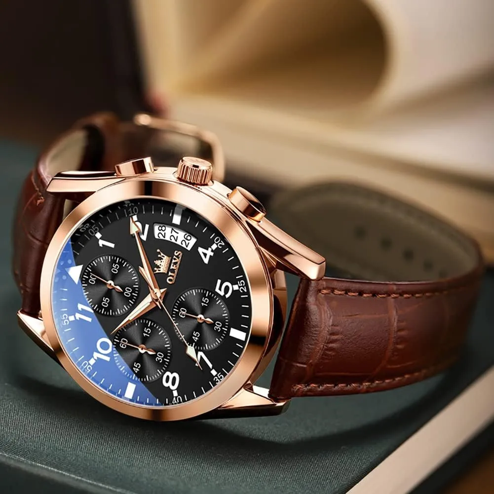 Watch, Big voltage fad prior Face Chronograph Watch for Men, Fashion Easy to Read Dress Watch, Men's Waterproof Luminous Date Analog Watch, Gold/Black/White/Blue Dial OLEVS Men's Casual Leather 