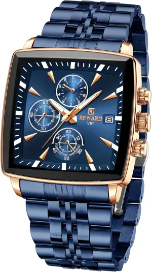 Watch Business Quartz Wrist Watches for Men Chronograph Luminous Waterproof Man Wristwatch Blue community REWARD Square Mens 