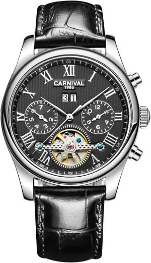 Watch Date Moon Phase 24-Hour Indication Calfskin Leather Transparent bilingualism Watches MASTOP Men's Automatic Mechanical 