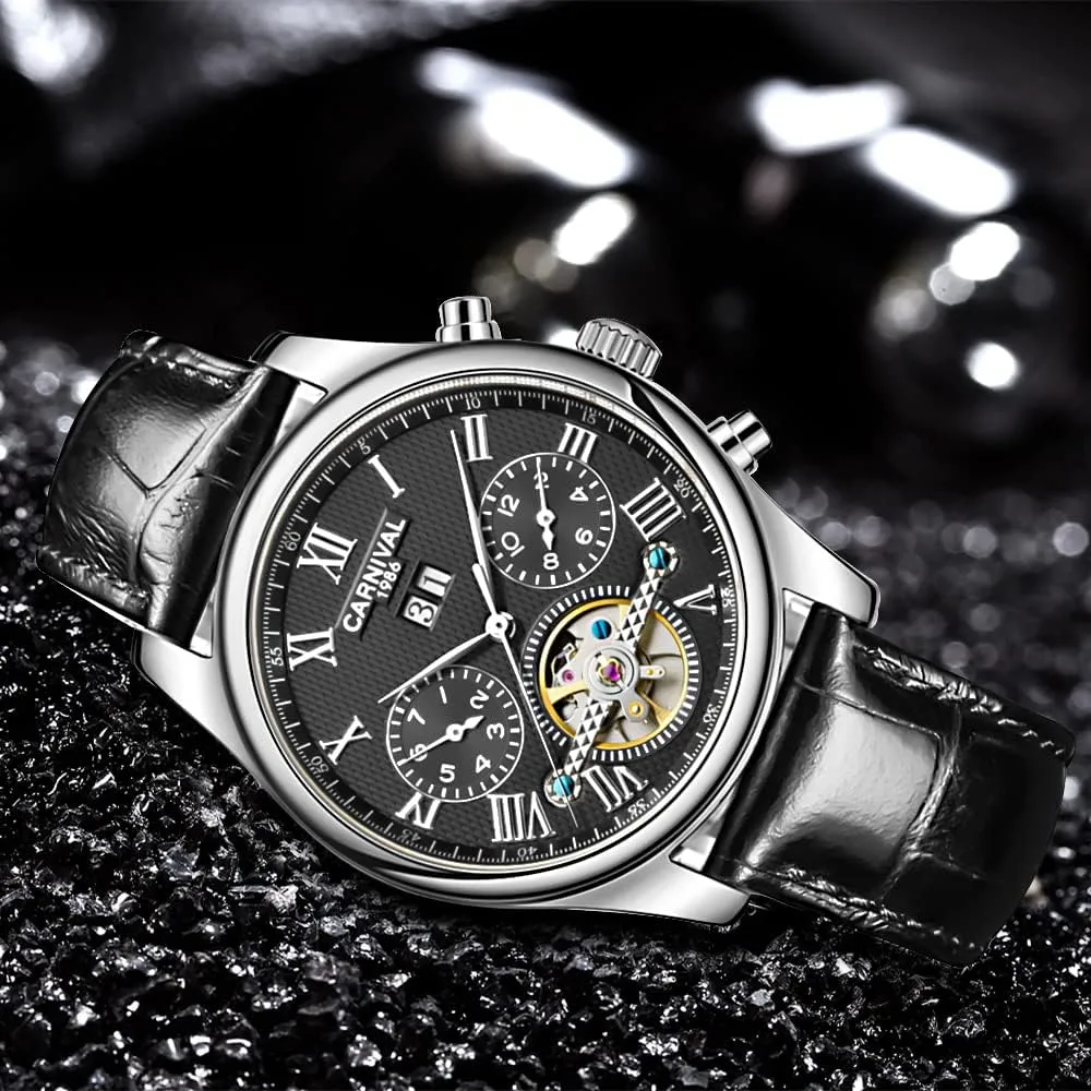 Watch Date Moon Phase 24-Hour Indication Calfskin Leather Transparent bilingualism Watches MASTOP Men's Automatic Mechanical 