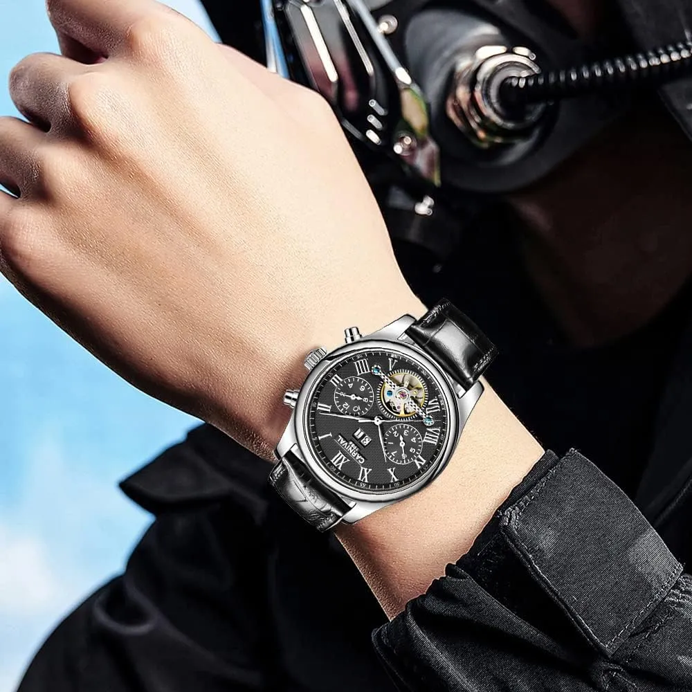 Watch Date Moon Phase 24-Hour Indication Calfskin Leather Transparent bilingualism Watches MASTOP Men's Automatic Mechanical 
