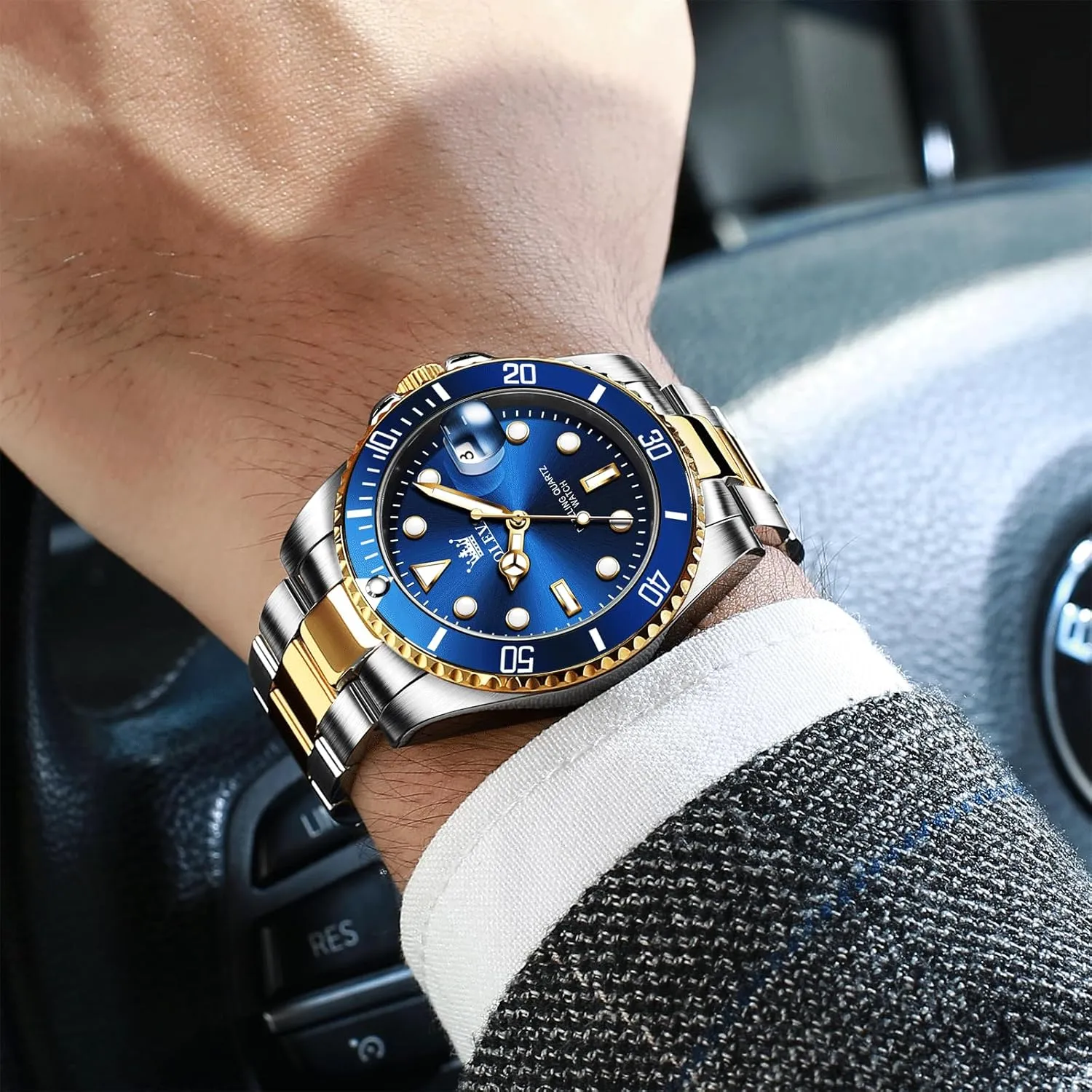 Watch, Easy to Read Gold Silver Two Tone cultural respect cylindrical chicken supplier Analog Quartz Wristwatch, Luxury Rotating Bezel Magnified Date Waterproof Luminous Dress Watches for Men OLEVS Men's Stainless Steel 