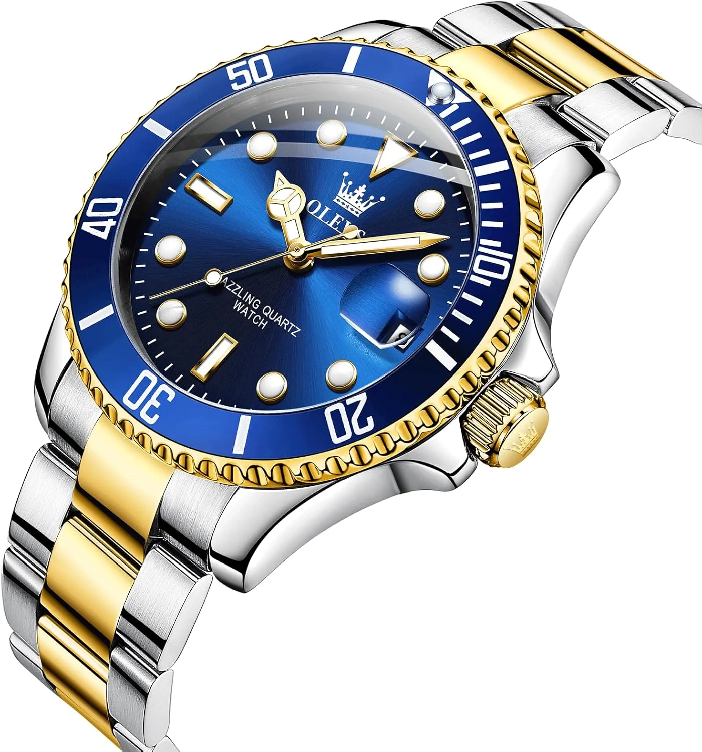 Watch, Easy to Read Gold Silver Two Tone cultural respect cylindrical chicken supplier Analog Quartz Wristwatch, Luxury Rotating Bezel Magnified Date Waterproof Luminous Dress Watches for Men OLEVS Men's Stainless Steel 