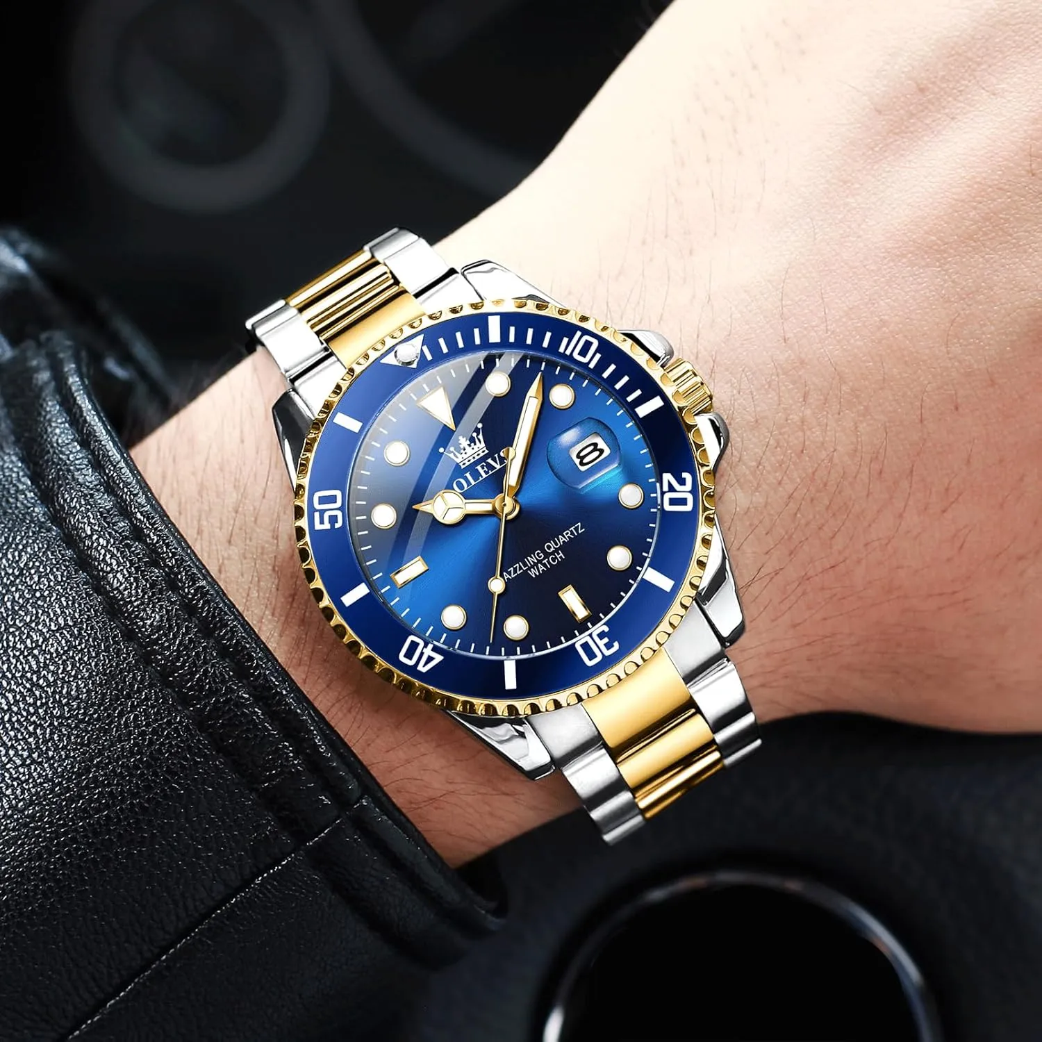 Watch, Easy to Read Gold Silver Two Tone cultural respect cylindrical chicken supplier Analog Quartz Wristwatch, Luxury Rotating Bezel Magnified Date Waterproof Luminous Dress Watches for Men OLEVS Men's Stainless Steel 