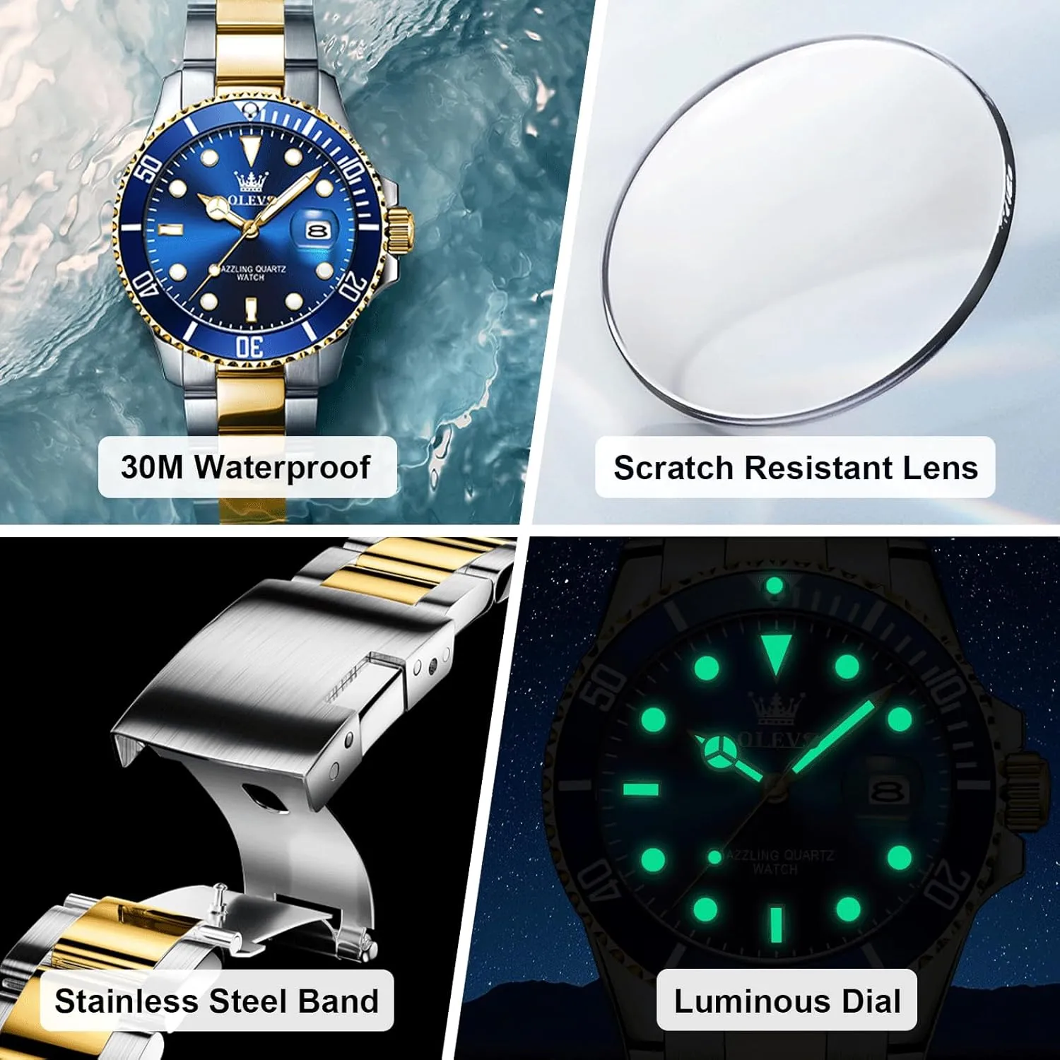 Watch, Easy to Read Gold Silver Two Tone cultural respect cylindrical chicken supplier Analog Quartz Wristwatch, Luxury Rotating Bezel Magnified Date Waterproof Luminous Dress Watches for Men OLEVS Men's Stainless Steel 