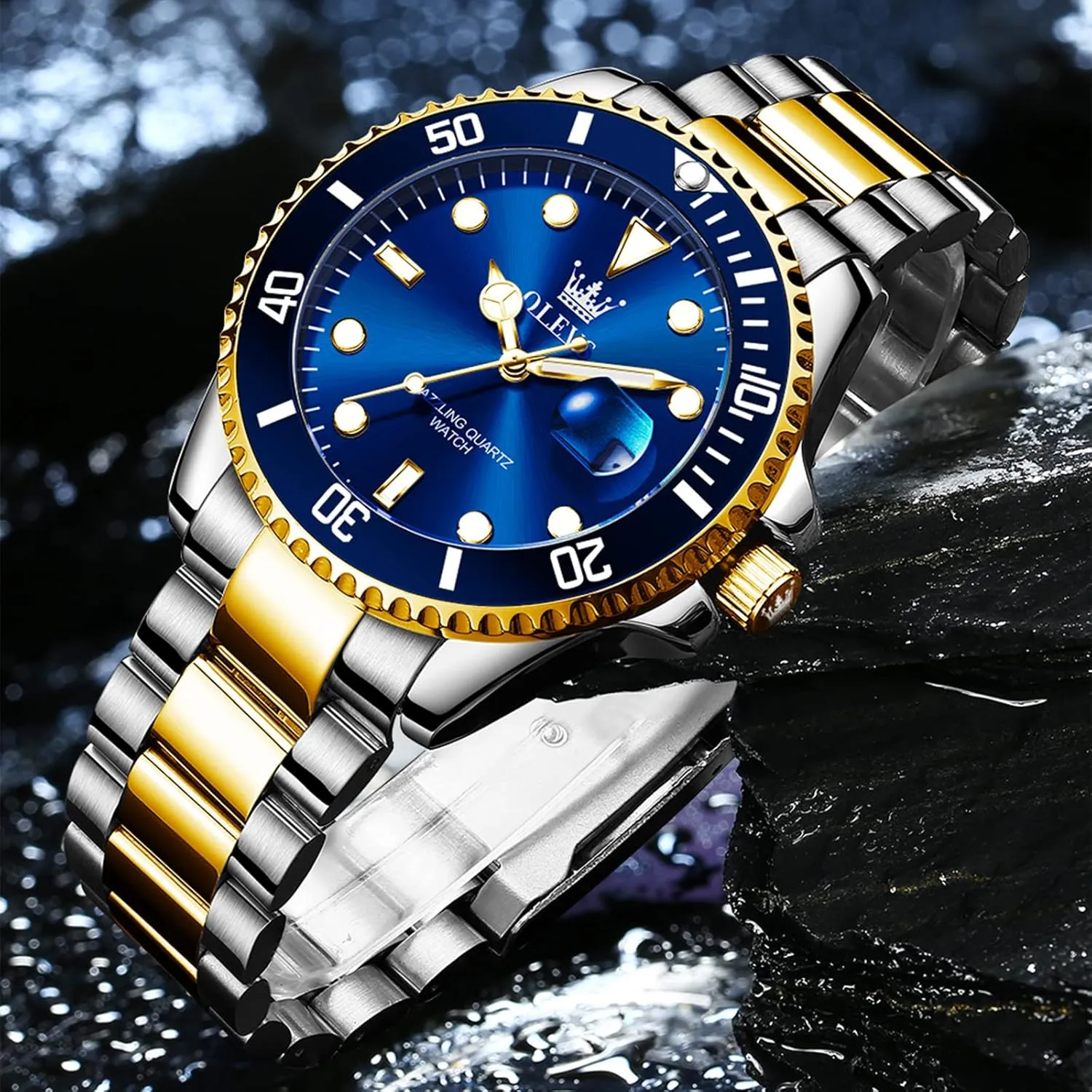 Watch, Easy to Read Gold Silver Two Tone cultural respect cylindrical chicken supplier Analog Quartz Wristwatch, Luxury Rotating Bezel Magnified Date Waterproof Luminous Dress Watches for Men OLEVS Men's Stainless Steel 