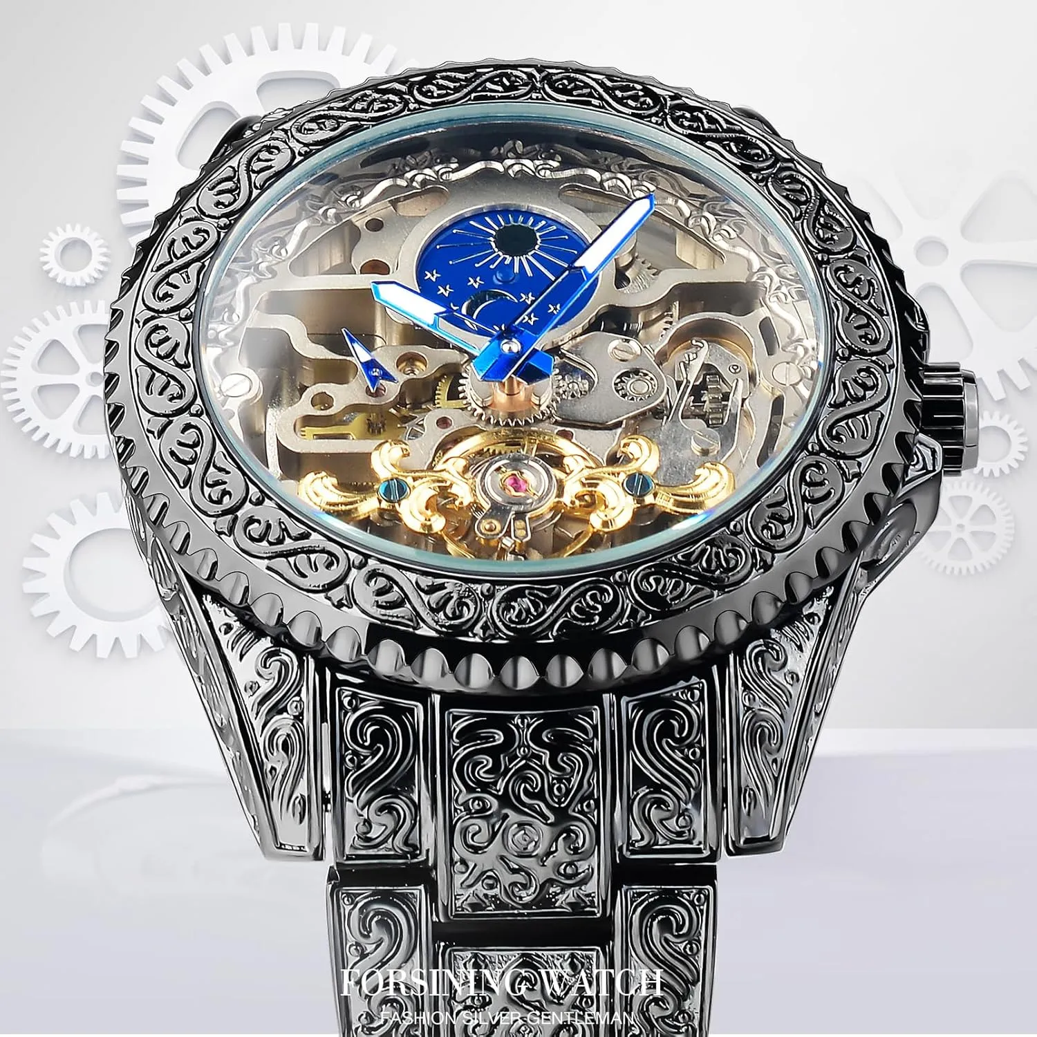 Watch for Men Engraved Automatic Self-Wind Mechanical Big Dial Luminous Moon Phase Golden Hollow Tattoo Pattern Wrist smother eclectic multidirectional Watches, Mechanical FORSINING Vintage 