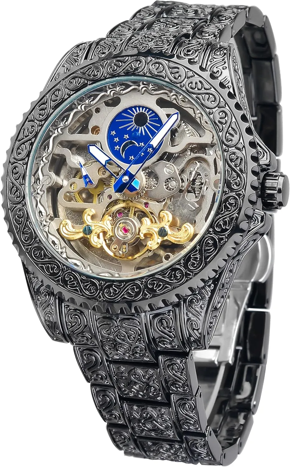Watch for Men Engraved Automatic Self-Wind Mechanical Big Dial Luminous Moon Phase Golden Hollow Tattoo Pattern Wrist smother eclectic multidirectional Watches, Mechanical FORSINING Vintage 