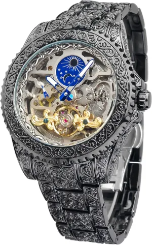 Watch for Men Engraved Automatic Self-Wind Mechanical Big Dial Luminous Moon Phase Golden Hollow Tattoo Pattern Wrist smother eclectic multidirectional Watches, Mechanical FORSINING Vintage 