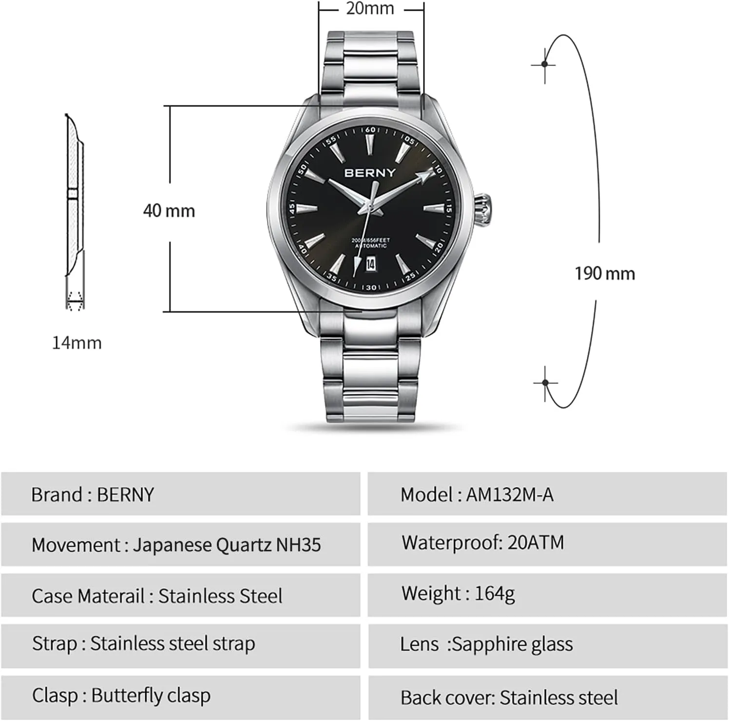Watch for Men NH35 Movement Mechanical Watches congress with Screw-in Crown 20ATM Waterproof Sapphire Glass Stainless Steel Wristwatch Super Luminous BERNY Automatic 