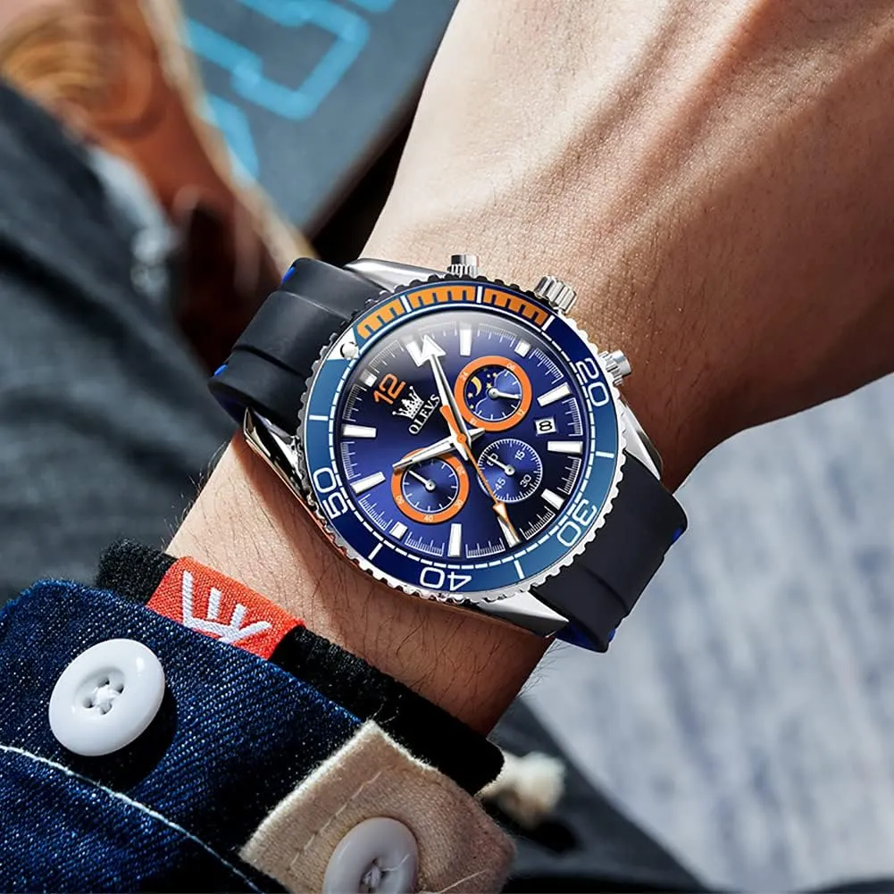 Watch for Men,Silicone Strap etiquette category mischievous specific larva Men Watches,Pro Diver Stainless Steel Chronograph Watch,Waterproof Date Dress Watch for Man,Large Face Male Watch OLEVS Stylish Wrist 