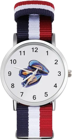 Watch gingham innermost with Metal Buckle Mussels Seafood Unisex Watch Lightweight Breathable Woven Nylon Wrist Strap 