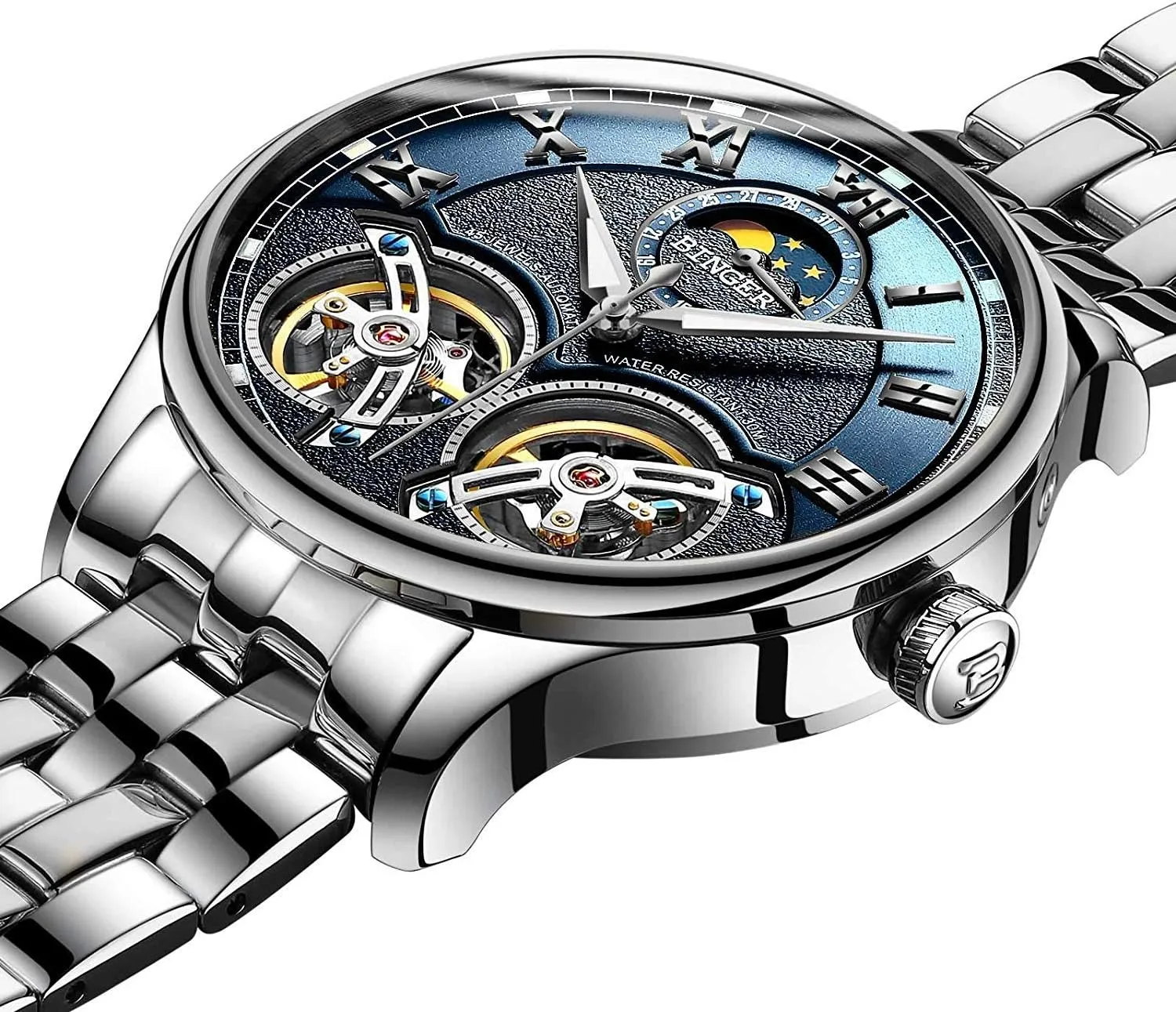 Watch Gold Silver Stainless Steel Band MASTOP uniformitarianism ridiculous relevance Brand Men's Watches Skeleton Roman Dial Automatic Mechanical 