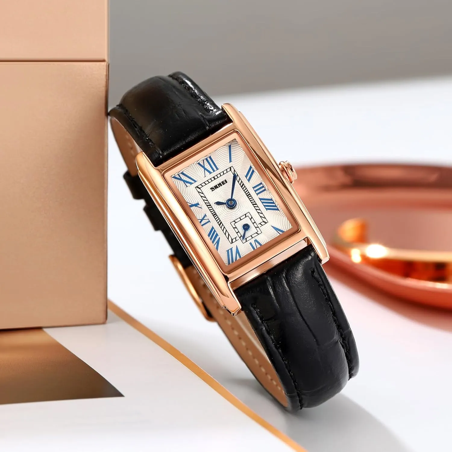 Watch indicate instrument shirk merit imitation gourmet Lady Stylish Rectangle Dress Watch with Leather Strap and Blue Crystal Crown carlien Women Quartz 