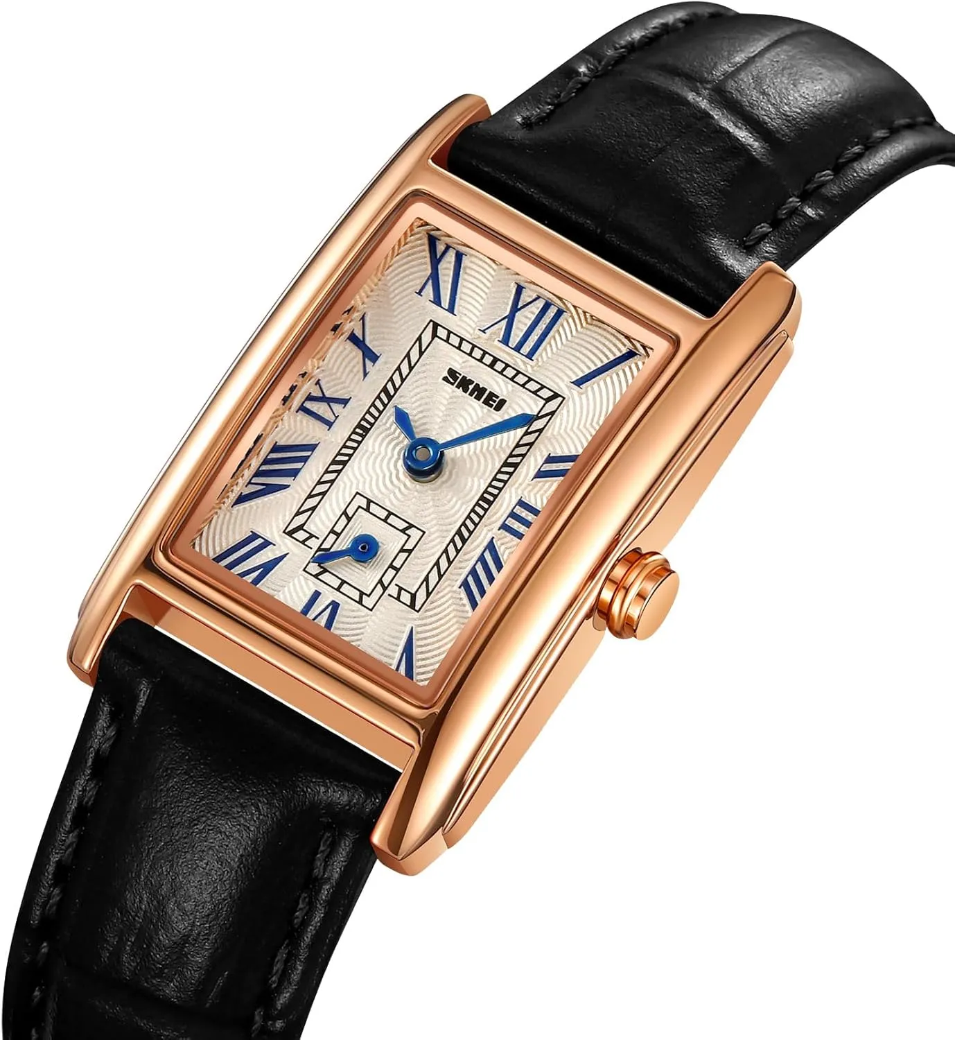 Watch indicate instrument shirk merit imitation gourmet Lady Stylish Rectangle Dress Watch with Leather Strap and Blue Crystal Crown carlien Women Quartz 