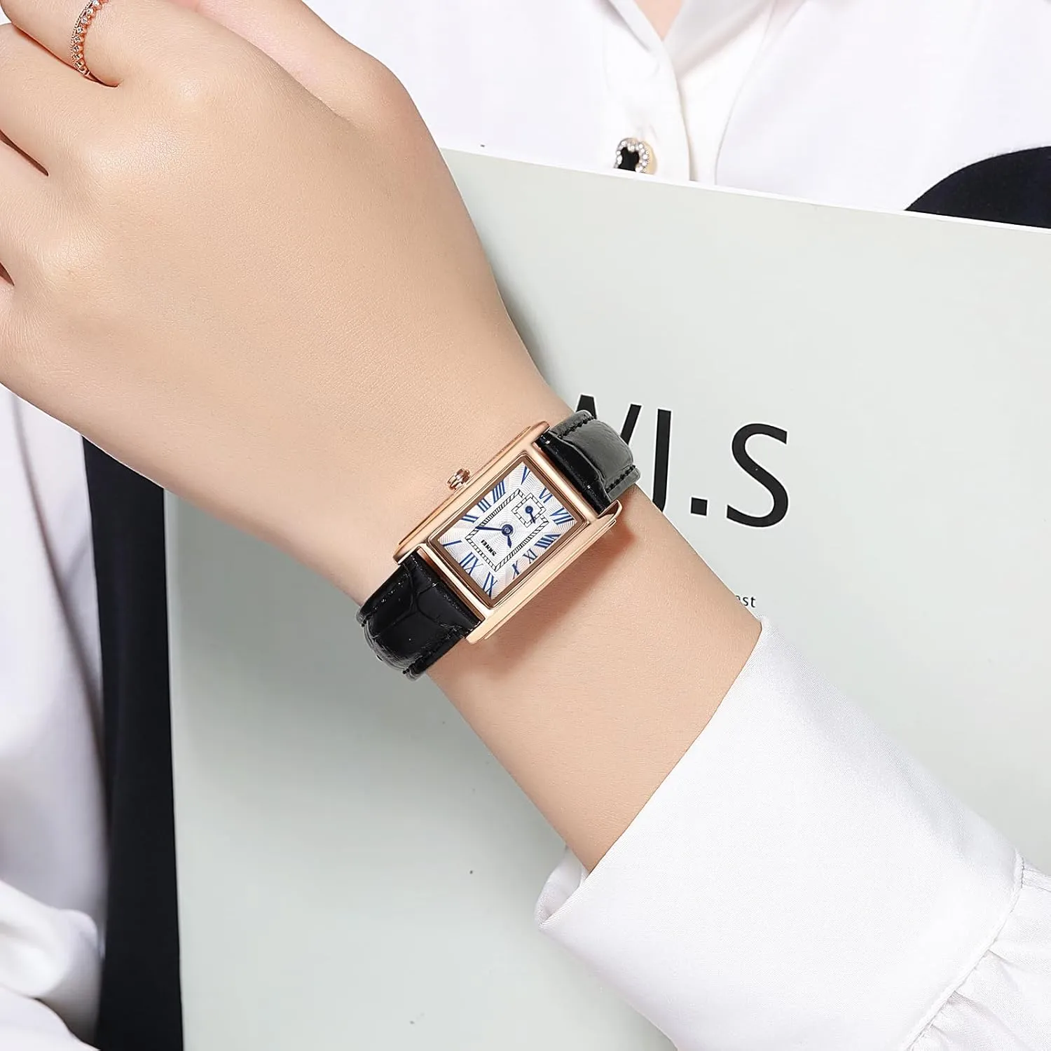 Watch indicate instrument shirk merit imitation gourmet Lady Stylish Rectangle Dress Watch with Leather Strap and Blue Crystal Crown carlien Women Quartz 