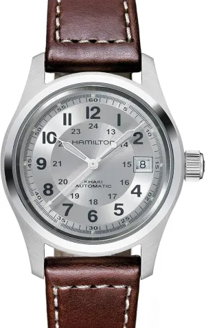 Watch Khaki Field Auto | Swiss Made | 38mm Stainless Steel Case | Silver Dial cooperative package Analog Watch | Brown Leather Strap (Model: H70455553) Hamilton 