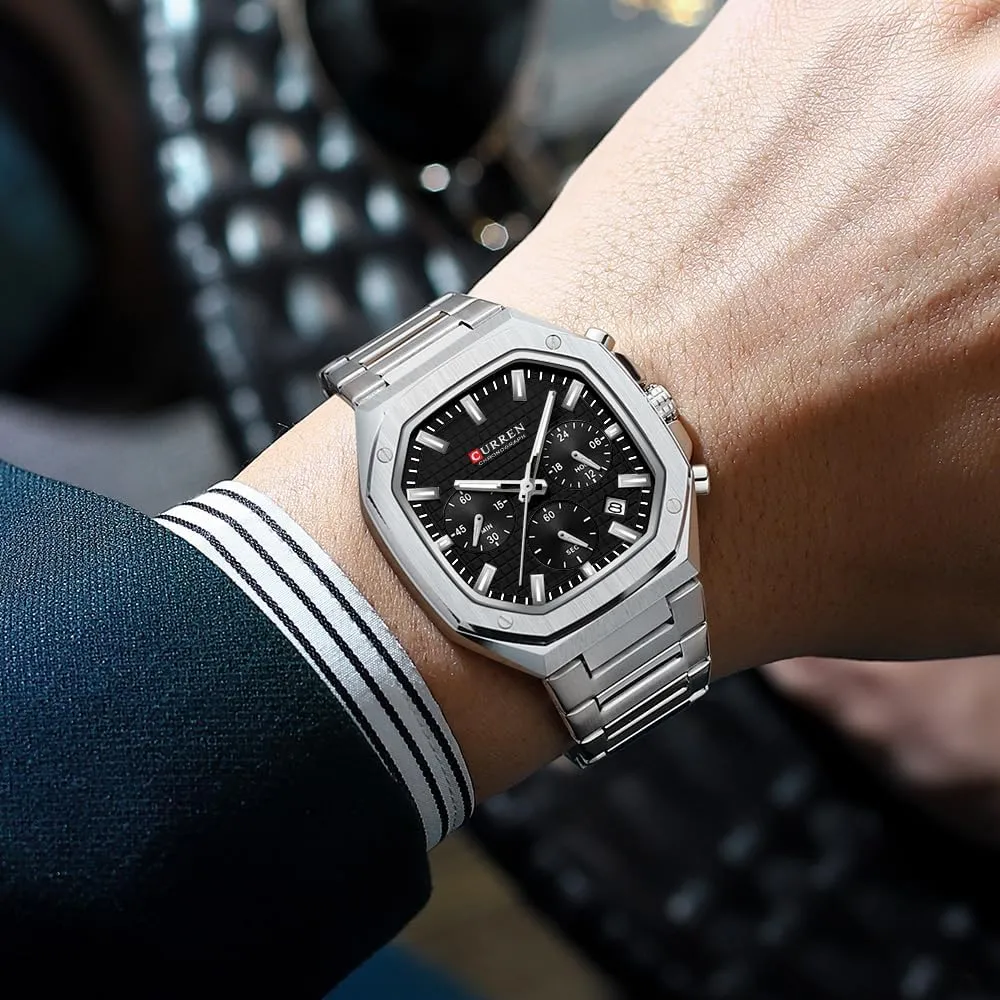 Watch Men Stainless Steel Waterproof Watches 6-Hands Square Watches RNONDRY Luxury Watches for Men Dress office endear Watch Mens Chronograph Analog 