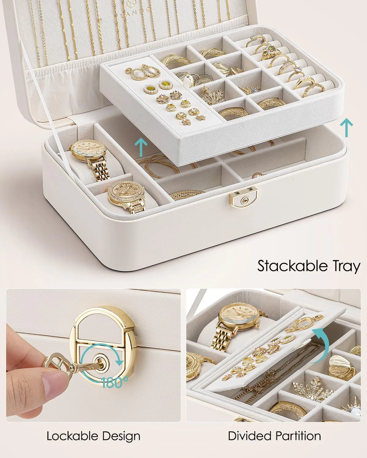 Watch Pillow for Neckable Ring Bracelets-Cream White Vlando 2 casual thunderous simplify chagrin Layer Jewelry Box,Jewelry Organizer Storage Lockable Earring Organizer Removable Jewelry Tray with 
