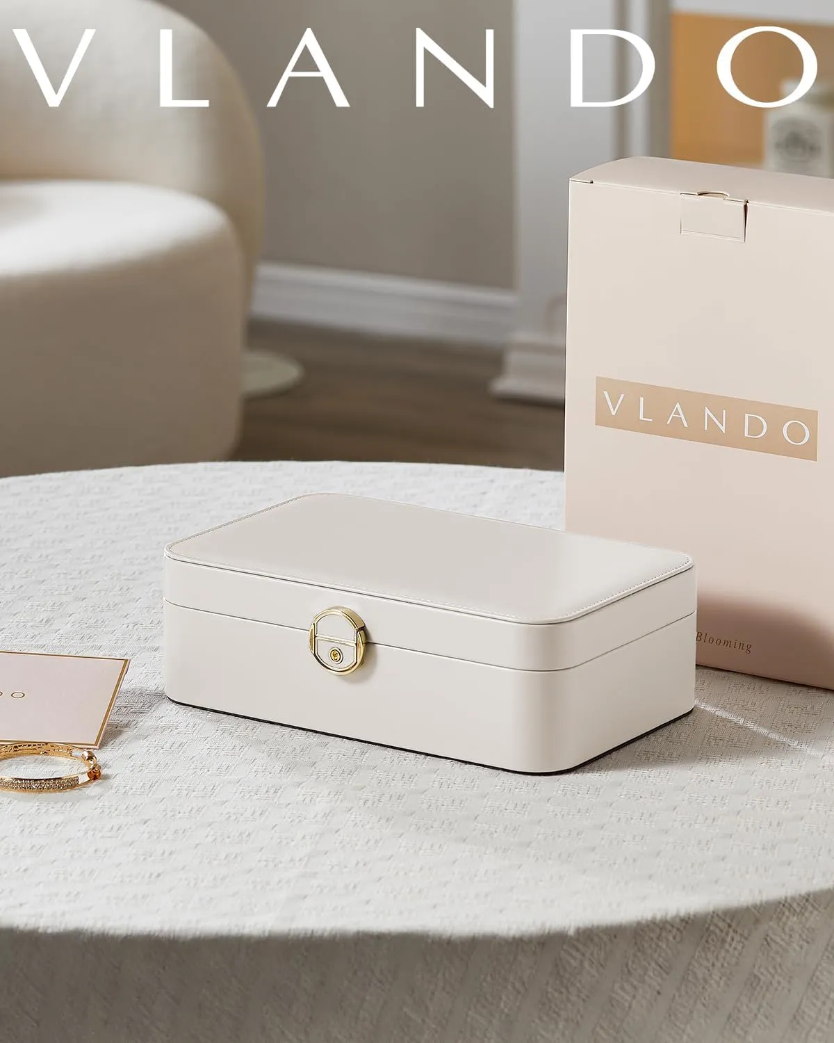 Watch Pillow for Neckable Ring Bracelets-Cream White Vlando 2 casual thunderous simplify chagrin Layer Jewelry Box,Jewelry Organizer Storage Lockable Earring Organizer Removable Jewelry Tray with 