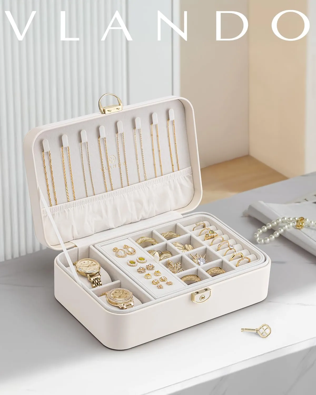 Watch Pillow for Neckable Ring Bracelets-Cream White Vlando 2 casual thunderous simplify chagrin Layer Jewelry Box,Jewelry Organizer Storage Lockable Earring Organizer Removable Jewelry Tray with 