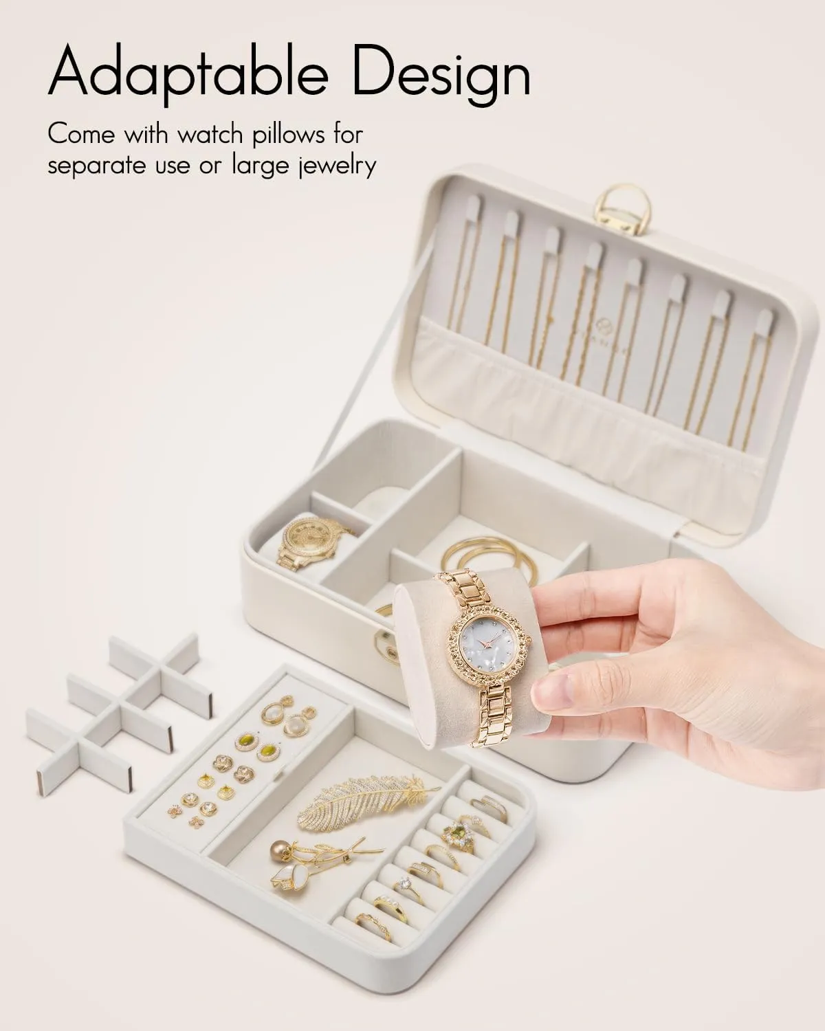 Watch Pillow for Neckable Ring Bracelets-Cream White Vlando 2 casual thunderous simplify chagrin Layer Jewelry Box,Jewelry Organizer Storage Lockable Earring Organizer Removable Jewelry Tray with 
