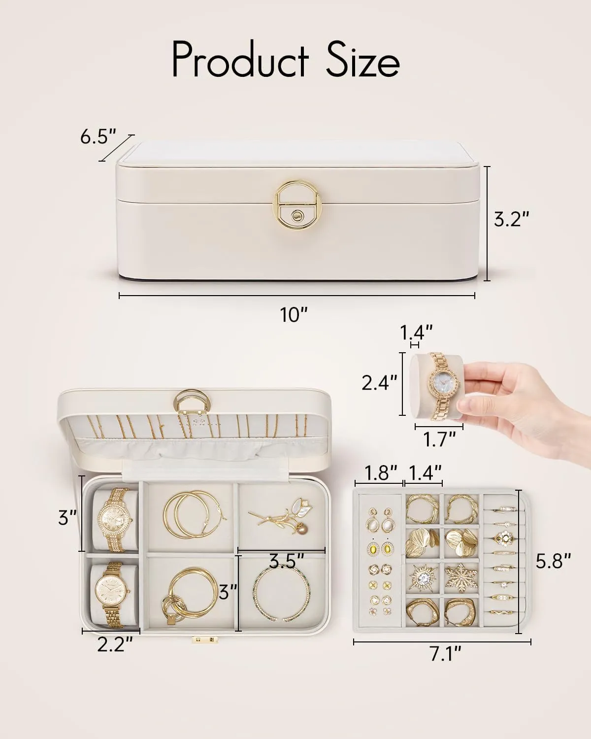 Watch Pillow for Neckable Ring Bracelets-Cream White Vlando 2 casual thunderous simplify chagrin Layer Jewelry Box,Jewelry Organizer Storage Lockable Earring Organizer Removable Jewelry Tray with 