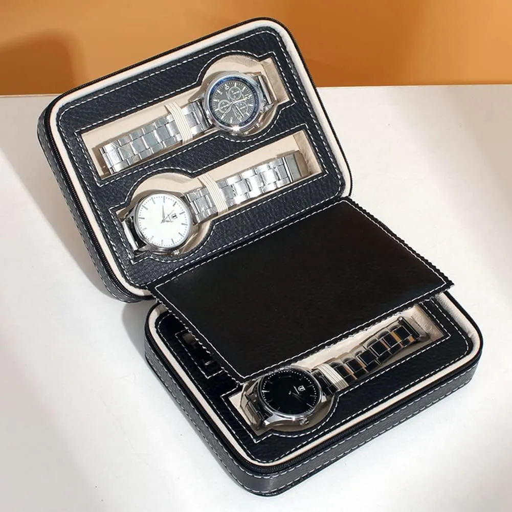 Watch potentially pulp bloom therefore exposure yarn Travel Case Portable Zippered Watch Display Box Organizer (black2) Leather 