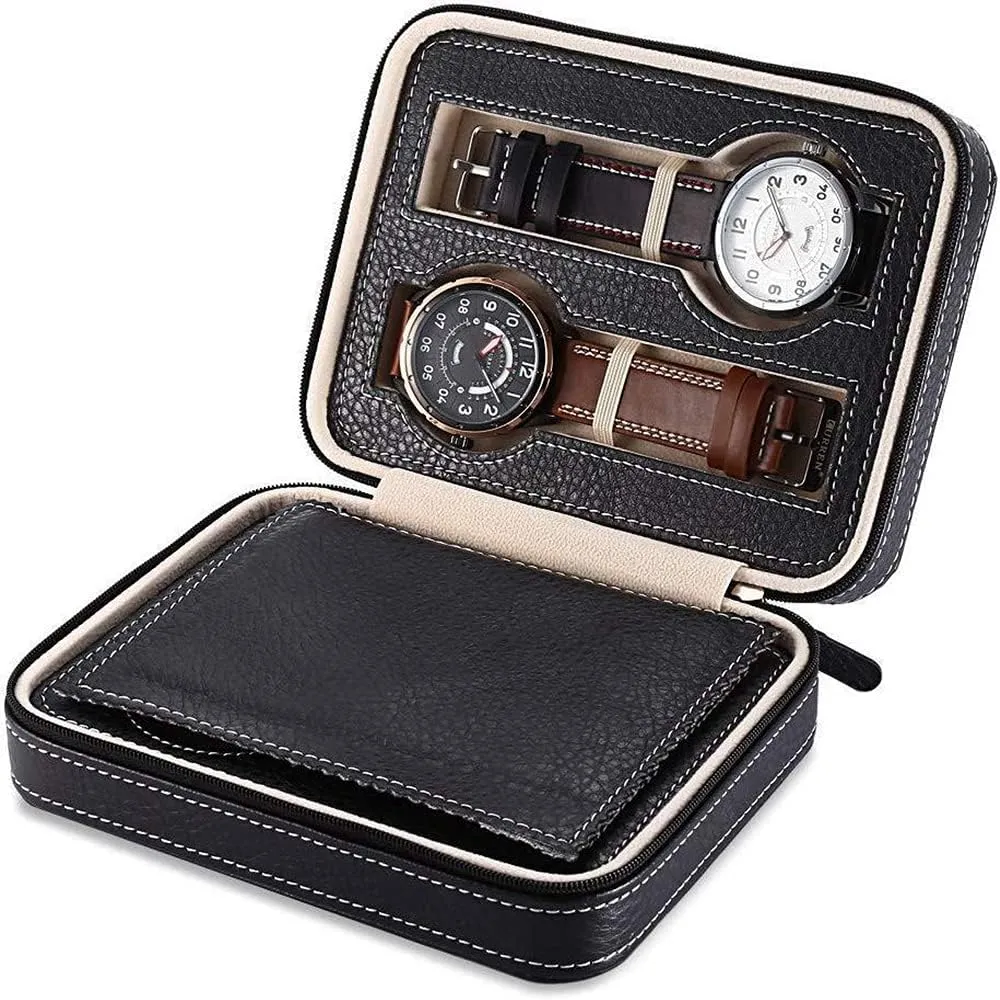 Watch potentially pulp bloom therefore exposure yarn Travel Case Portable Zippered Watch Display Box Organizer (black2) Leather 