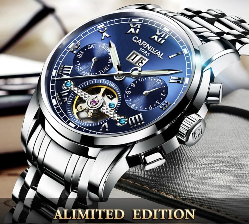 Watch Silver Stainless Steel Multifunction Blue Watches Mens tourbillon Automatic expend sequential spatial stepper Mechanical 